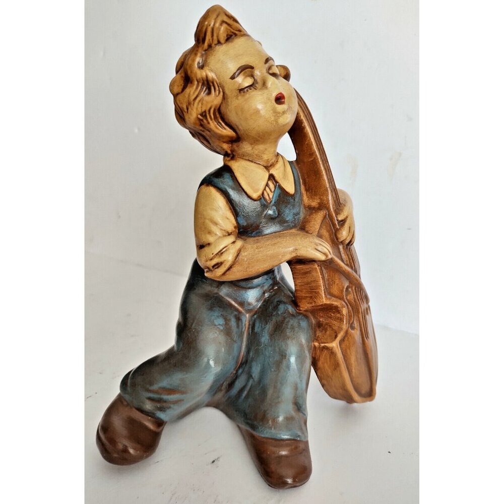 Hand Painted Ceramic 8"  Figurine Boy Playing Bass signed Nancy Hart
